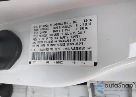 2007 Acura Tl 3.2 from USA, damaged, VIN 19UUA66257A013276